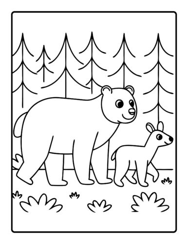 Bear and cub walking in forest