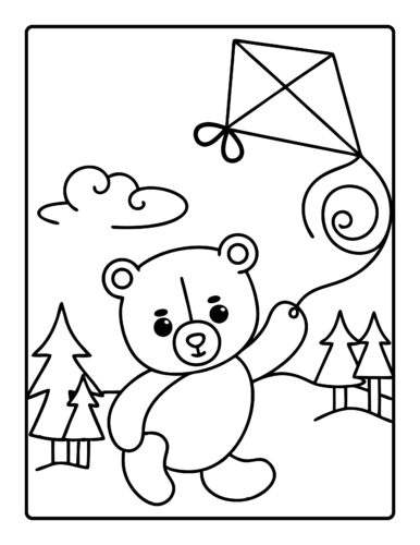 Bear flying kite in forest setting