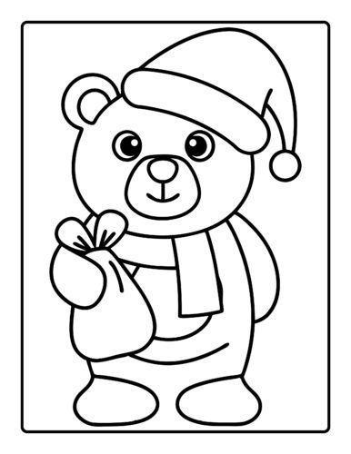 Bear in Santa hat holding gift bag