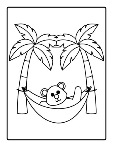 Bear relaxing in hammock between palm trees