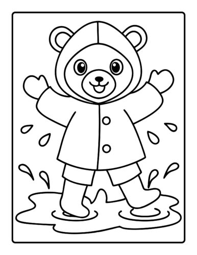 Bear splashing in puddles with raincoat