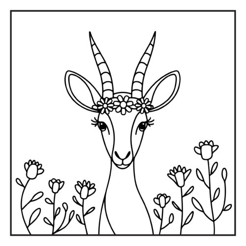 Beautiful antelope with flower crown among tulips