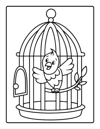 Bird in open birdcage with perch branch