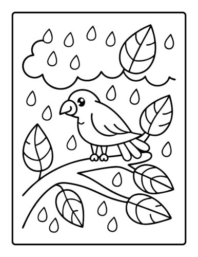 Bird in rain on branch with raindrops and falling leaves