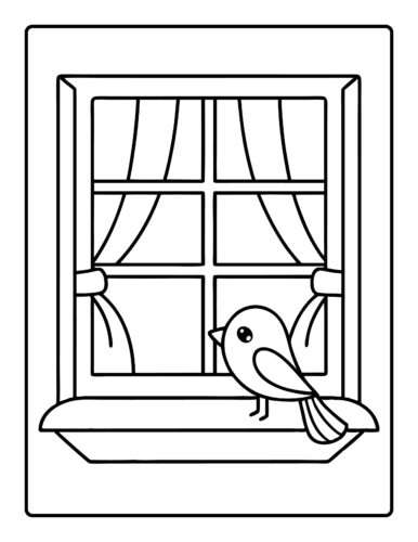 Bird on windowsill with curtained window