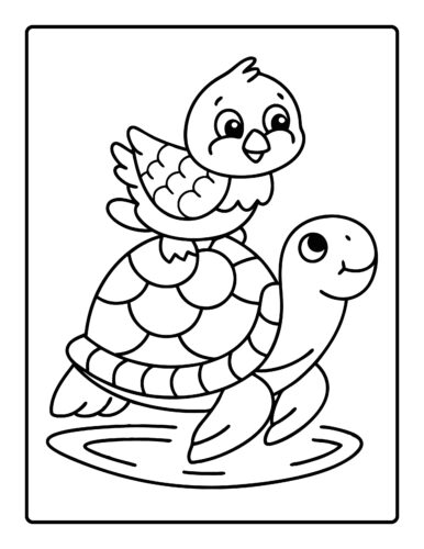 Bird riding a turtle in shallow water