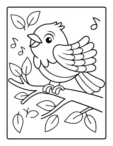Bird singing on branch with music notes and falling leaves