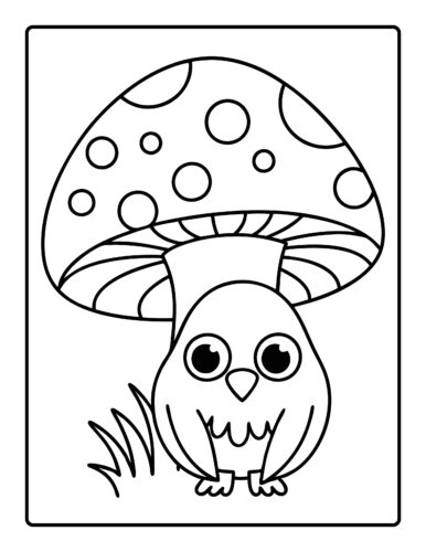 Bird with spotted mushroom cap and grass