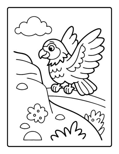 Bird with spread wings on a branch with cloud background