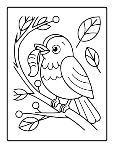 Bird with worm in beak on leafy branch