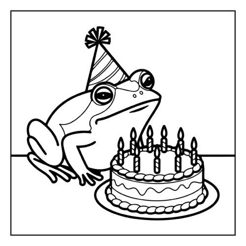 Birthday frog wearing party hat with cake