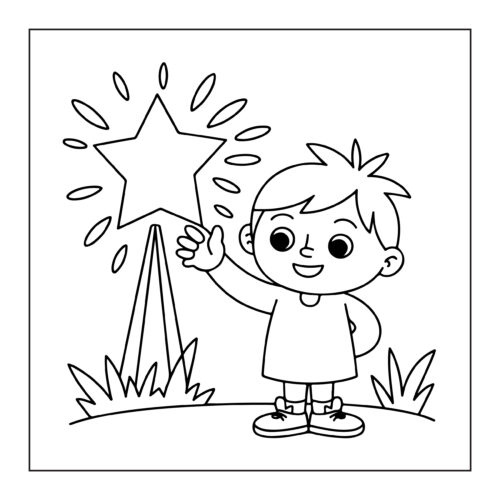 Boy reaching for star with grassy background