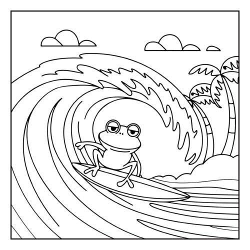 Brave frog surfing on a big ocean wave