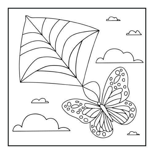 Butterfly attached to flying kite in cloudy blue sky