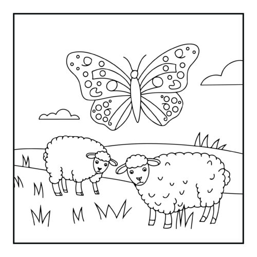 Butterfly flying over sheep in pastoral meadow scene