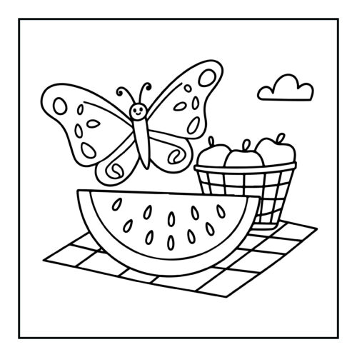 Butterfly hovering above watermelon slice on picnic blanket