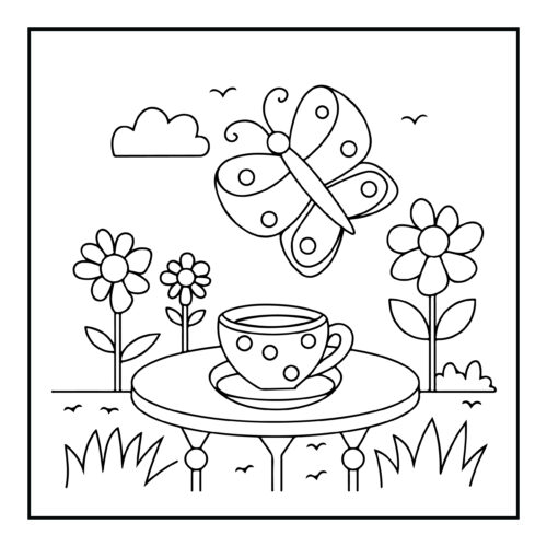 Butterfly hovering over teacup on table with flowers