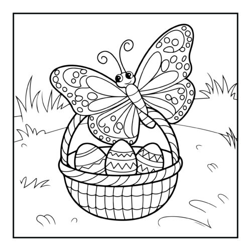 Butterfly resting on basket with decorated Easter eggs