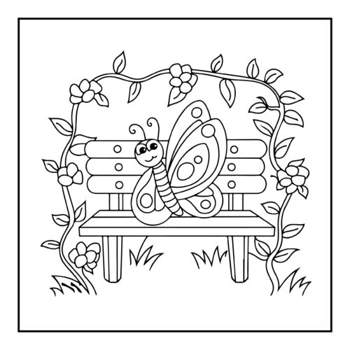 Butterfly resting on garden bench with flowering vines