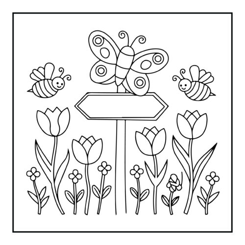 Butterfly with bees among tulips and directional sign