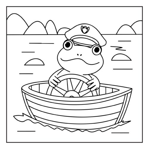 Captain frog steering boat on the water