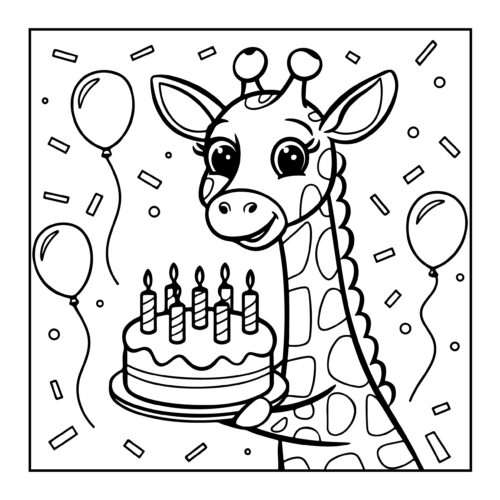 Cartoon giraffe with birthday cake and balloons