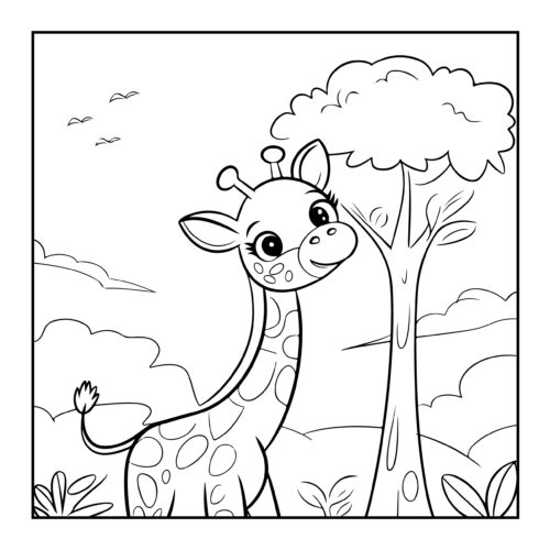 Cartoon giraffe with tree and clouds