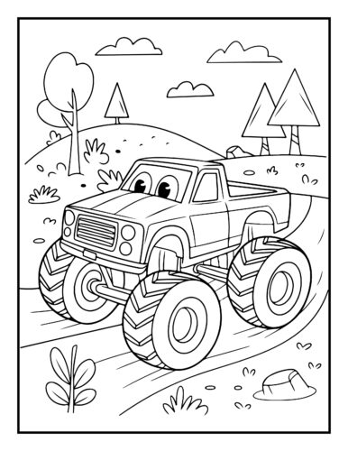 Cartoon monster truck on winding mountain road