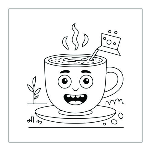 Cheerful coffee character with flag