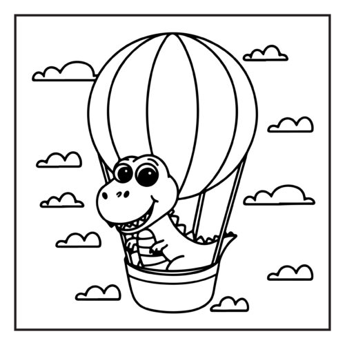 Cheerful dinosaur riding in hot air balloon basket