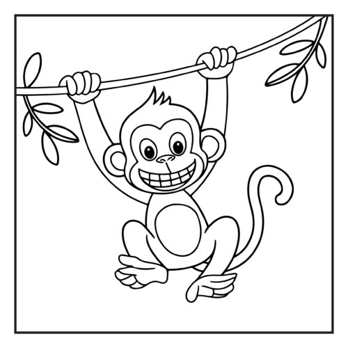 Cheerful monkey swinging from jungle tree branch