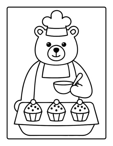 Chef bear baking cupcakes in kitchen