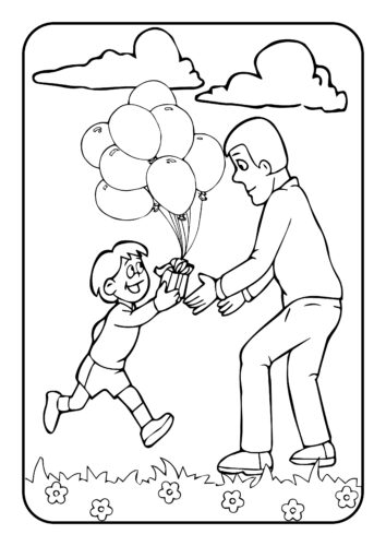 Child giving father balloons and gift outdoors