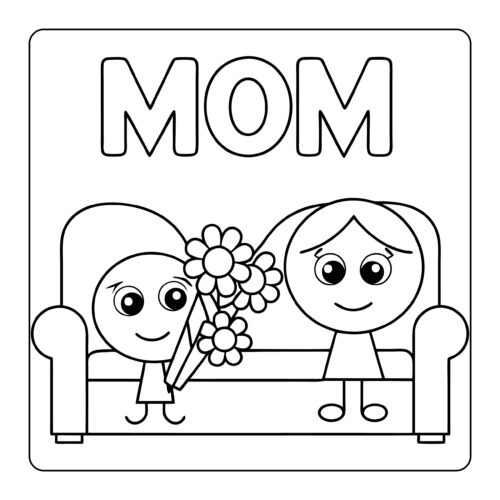 Child giving flowers to mother on couch illustration