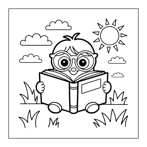 Child with glasses reading book outdoors