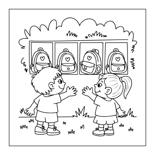 Children looking at backpacks on hooks