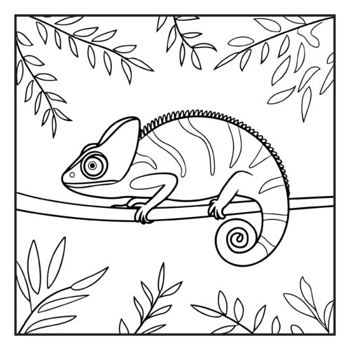 Colorful chameleon resting on tree branch peacefully