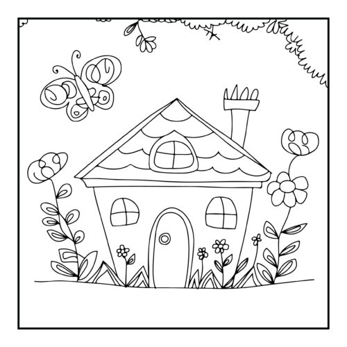 Cottage house with butterfly and garden flowers