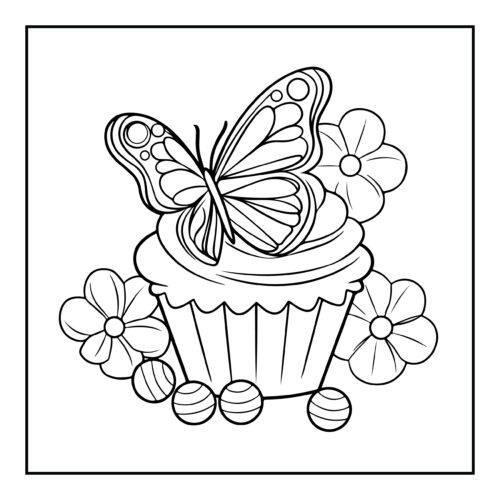 Cupcake decorated with butterfly and flowers around it