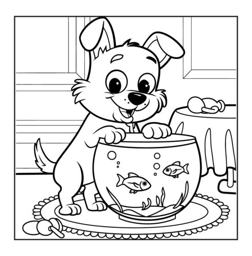 Curious puppy looking at fish in a fishbowl