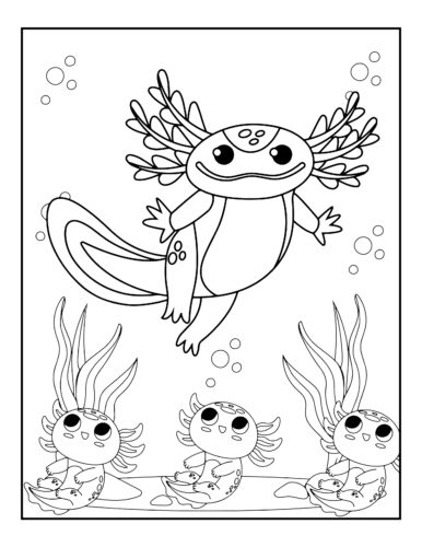 Cute axolotl floating peacefully in bubble filled waters