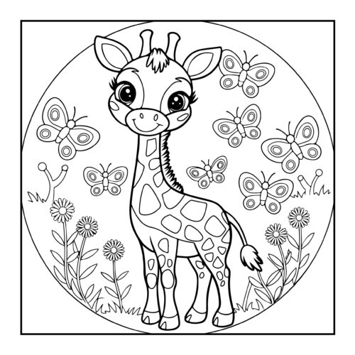 Cute baby giraffe with butterflies and flowers frame