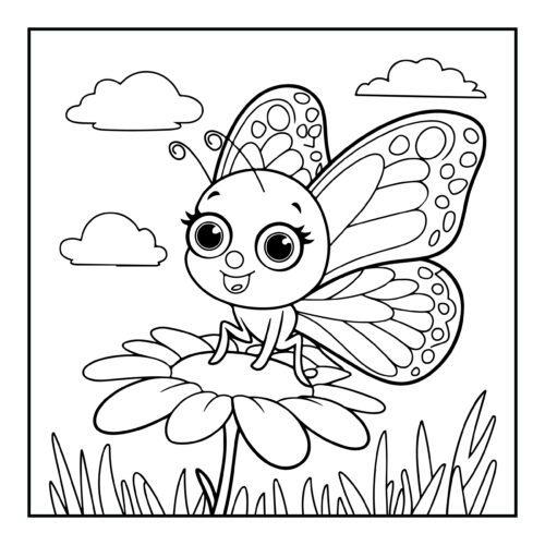 Cute cartoon butterfly with detailed wings on a flower