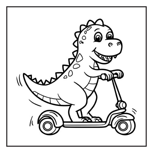 Cute dinosaur riding scooter with motion lines