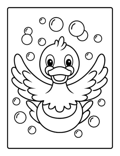 Cute duckling with spread wings and floating bubbles