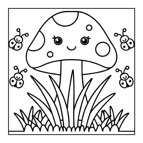 Cute mushroom with ladybugs in grassy scene