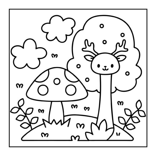 Deer with antlers beside mushroom under tree