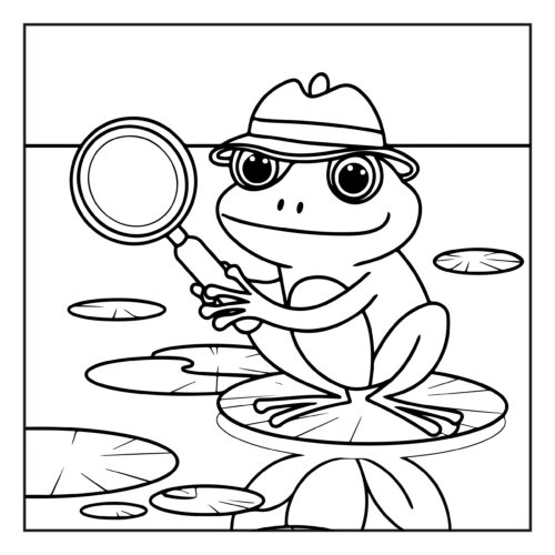 Detective frog with magnifying glass investigating lily pad