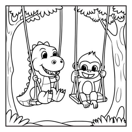 Dinosaur and monkey swinging together on playground swings