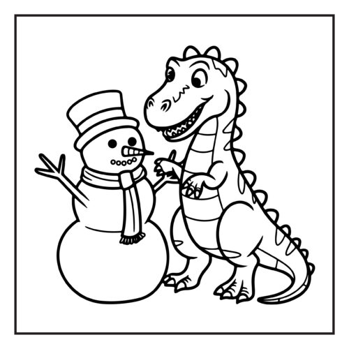 Dinosaur building snowman in winter scene